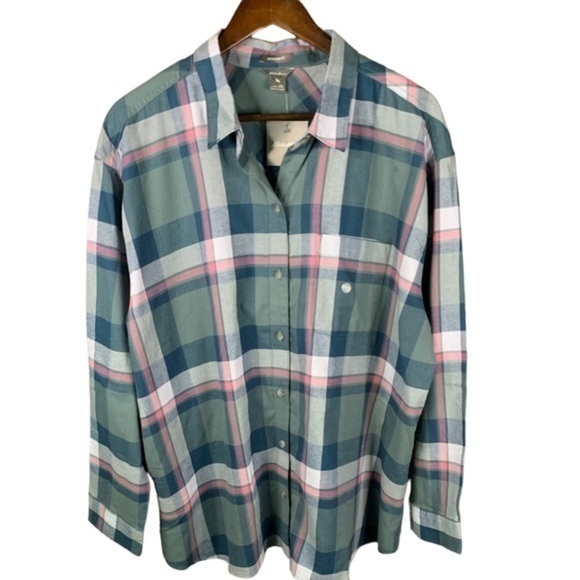NWT Eddie Bauer Ladies Button Down Size XXL Sage Green & Pink Boyfriend Fit - Picture 1 of 9